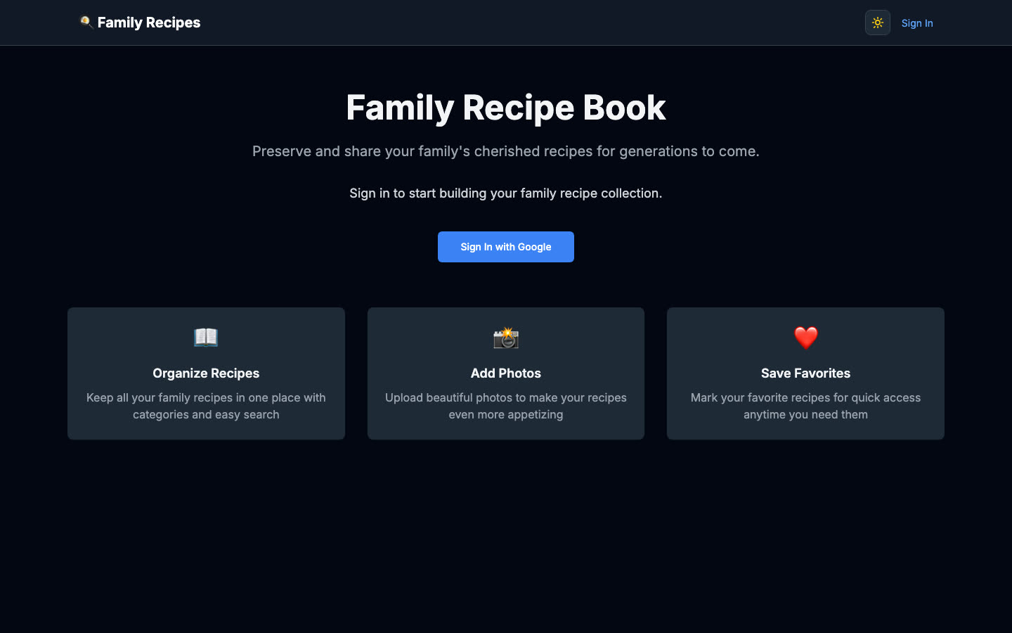 The Family Recipe Book landing page